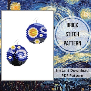 May include: A digital download pattern for brick stitch earrings featuring a starry night design. The pattern is for a pair of round earrings with a blue, white, and yellow color scheme. The text "BRICK STITCH PATTERN" is in a white circle on a blue background. The text "Instant Download PDF Pattern" is below the circle.