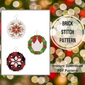 Christmas earring patterns Brick stitch Christmas wreath earrings poinsettia seed bead earrings pattern Christmas plaid Miyuki delica PDF