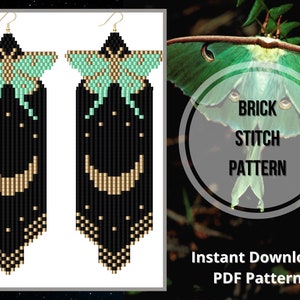 Luna moth beaded earrings pattern Moon butterfly brick stitch fringe earring pdf moon phase seed bead earring pattern Miyuki delica