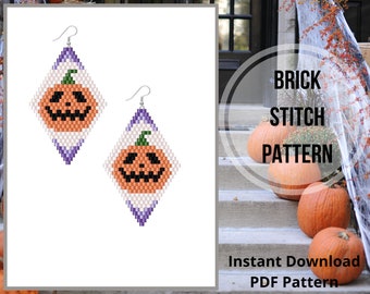 Halloween beaded earrings pattern Jack O Lantern Brick Stitch pattern Jack o'lantern pumpkin earrings bead weaving miuyki delica