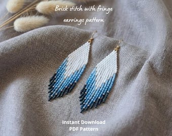 Boho Fringe Earrings Pattern for Miyuki Round Rocailles 11/0 2 brick stitch Western blue beaded jewelry pattern bead weaving