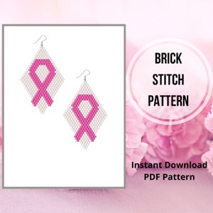May include: A pair of pink ribbon earrings made with white and pink beads in a brick stitch pattern. The earrings are in the shape of a diamond and have silver hooks. The image includes the text "BRICK STITCH PATTERN" and "Instant Download PDF Pattern".