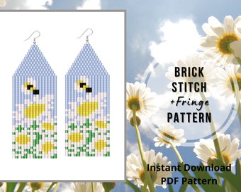 Seed bead bee earrings pattern Chamomile brick stitch fringe earring PDF bead jewelry pattern miyuki delica