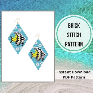 Tropical fish beaded earrings pattern summer marine brick stitch earring pattern turquoise Miyuki delica bead weaving pattern