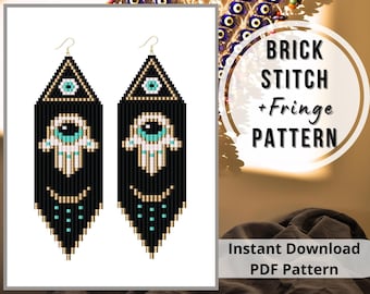 Evil eye earrings brick stitch pattern for beading Hamsa hand seed bead jewelry Miyuki delica bead weaving patterns PDF