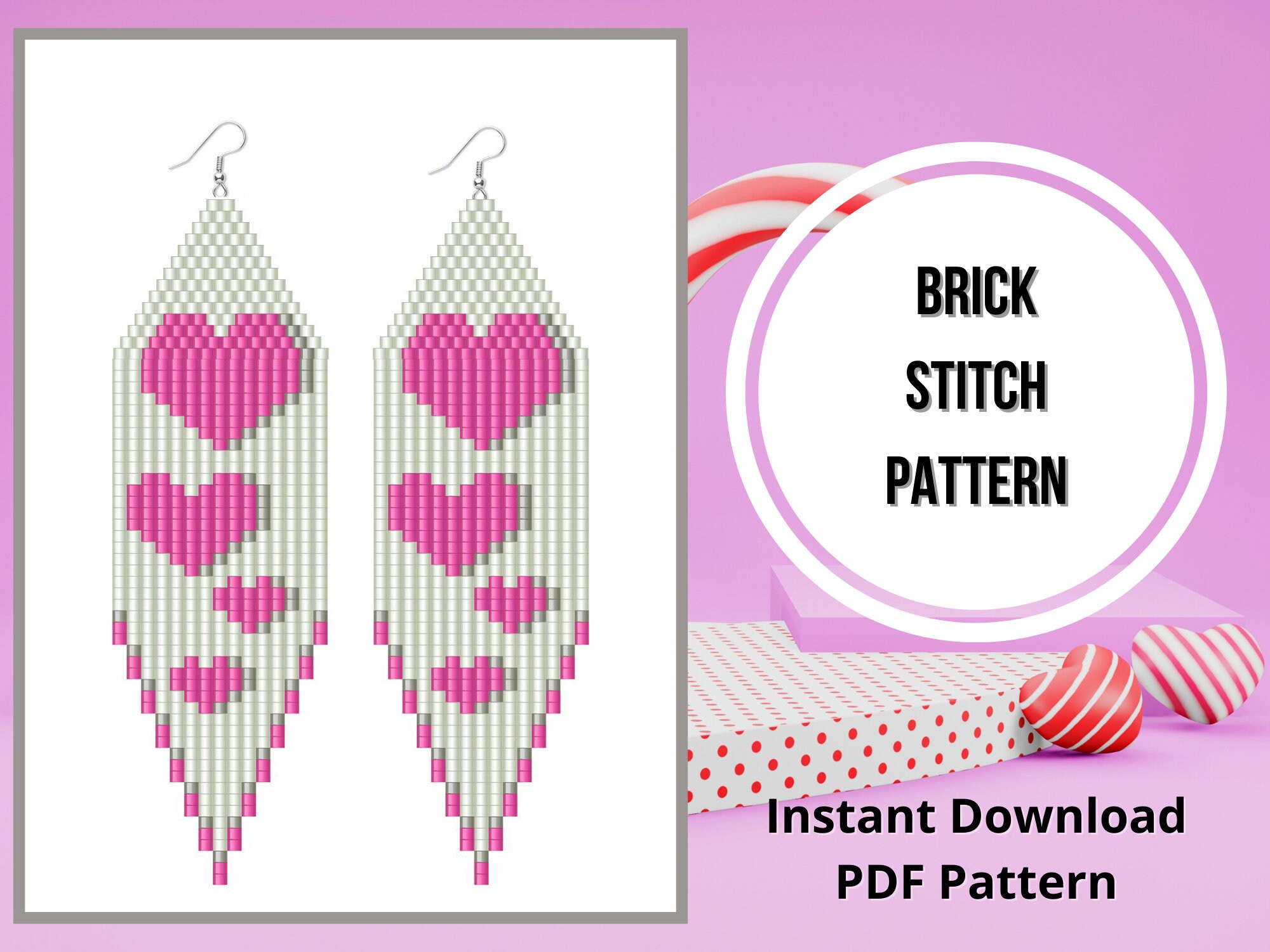 Beaded fringe Valentine earring pattern heart seed bead earring pattern Brick stitch pattern Miyuki delica PDF Digital download