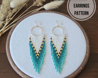 Boho hoop beaded earrings with fringe pattern for Miyuki Round Rocailles 11/0 turquoise Western beaded jewelry pattern bead weaving