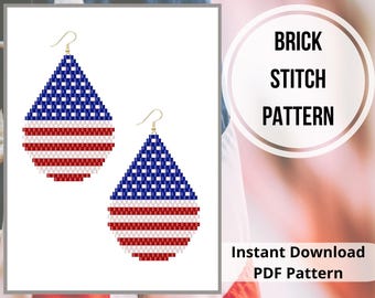 Brick stitch patriotic earrings pattern 4th July earrings pattern USA flag earrings seed bead pattern  Miyuki earrings diy
