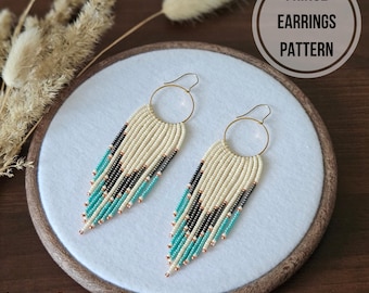 May include: Cream-coloured fringe earrings with gold hoops, accented with black and turquoise beads. The earrings are displayed on a white surface with the text "FRINGE EARRINGS PATTERN" and "Instant Download PDF Pattern".