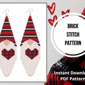 Beaded fringe Valentine gnome earring pattern red black check seed bead earrings pattern brick stitch pattern Miyuki delica PDF