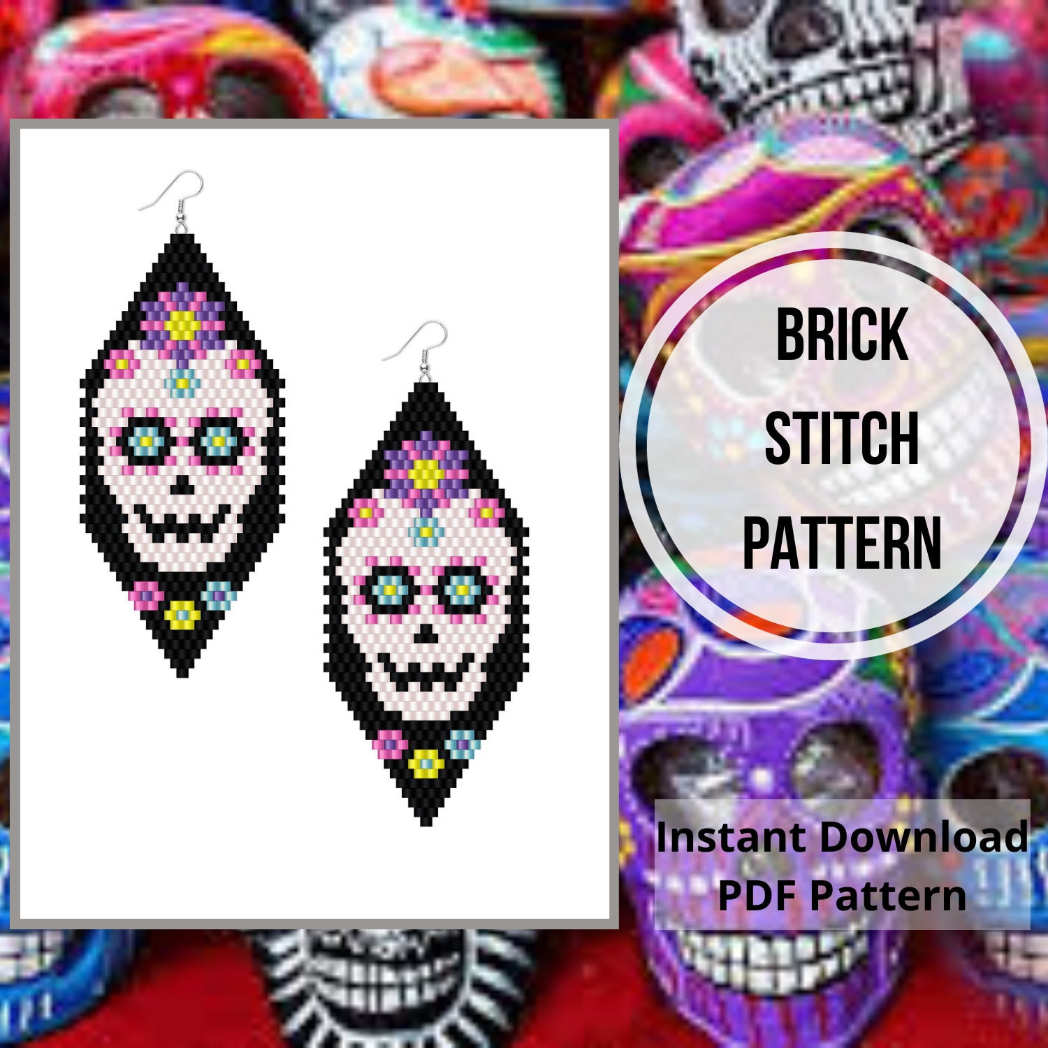 まい⭐︎ Sugar Skull Seed Bead Earring Pattern Halloween Brick Stitch