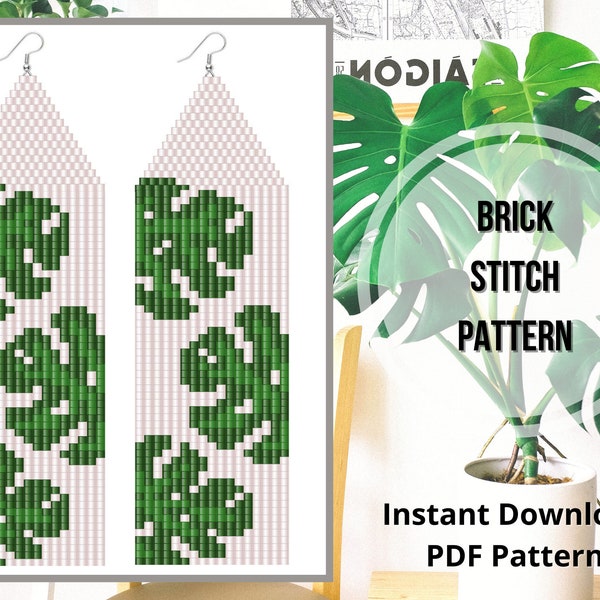 Brick stitch monstera earrings pattern leaves seed bead  fringe earring beaded PDF pattern