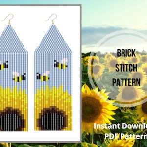 Sunflower beaded earring pattern seed bead bee fringe pattern brick stitch earring PDF pattern miyuki delica