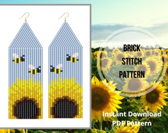 Sunflower beaded earring pattern seed bead bee fringe pattern brick stitch earring PDF pattern miyuki delica