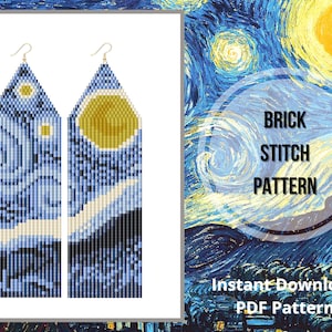 Van Gogh Starry Night frisado brincos de franja padrão brincos de ponto de tijolo brincos de contas de semente padrão PDF digital