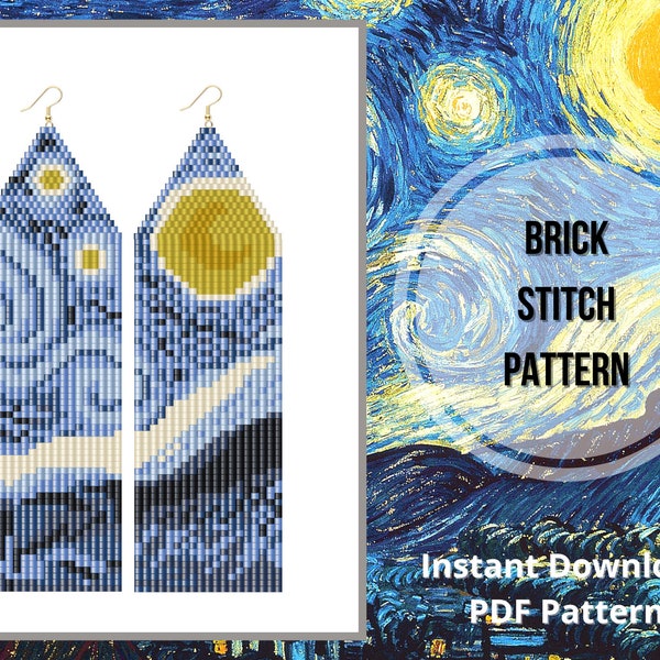 Pode incluir: Um padrão de download instantâneo para brincos de ponto de tijolo com um design de noite estrelada azul e amarela. O padrão é para download instantâneo e inclui um arquivo PDF.