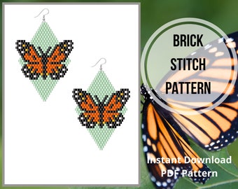 Monarch butterfly seed bead earrings pattern orange butterfly wings brick stitch earring pattern  Miyuki delica bead weaving