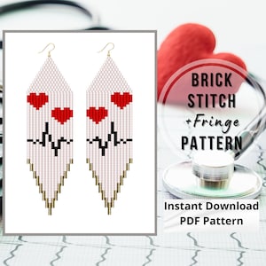 May include: A digital download PDF pattern for brick stitch beaded earrings with a heart beat and hearts design. The earrings are white with red hearts and a black heart beat line. The pattern includes fringe.