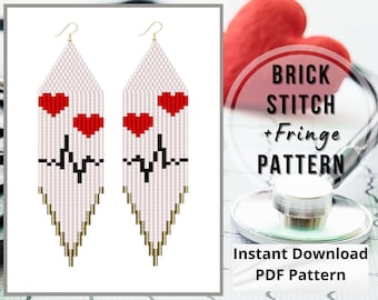 Heart beat beaded gringe earrings pattern Valentine brick stitch earring pattern Miyuki delica beadwork beading PDF Digital download