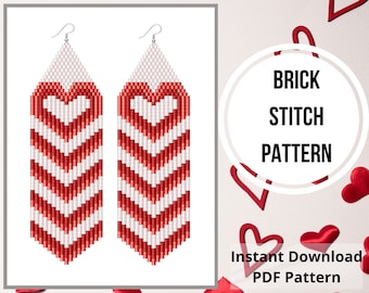 Valentine seed bead earrings pattern love heart brick stitch fringe earring pattern beading Miyuki delica PDF Digital download