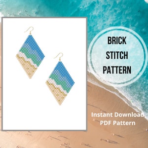 May include: A pair of blue, green, and gold beaded earrings with a beach scene design. The earrings are made using the brick stitch technique. The image includes the text "BRICK STITCH PATTERN" and "Instant Download PDF Pattern".