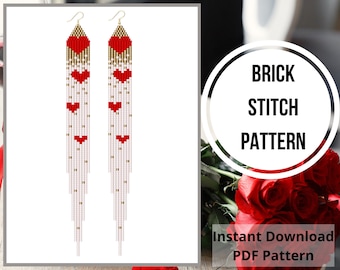Heart seed bead earrings pattern Valentine brick stitch fringe earring pattern Miyuki delica beadwork beading PDF Digital download