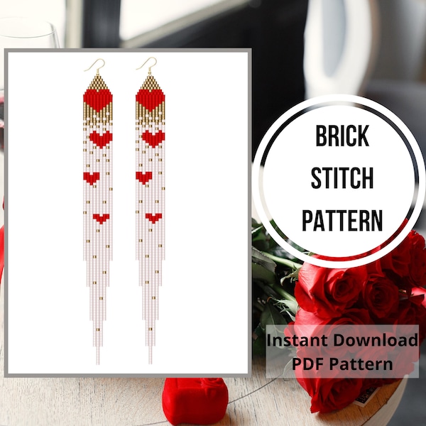 Heart seed bead earrings pattern Valentine brick stitch fringe earring pattern Miyuki delica beadwork beading PDF Digital download