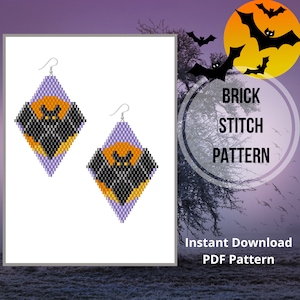 Pode incluir: Um padrão de download digital para brincos de ponto de tijolo com uma silhueta de morcego preto sobre um fundo roxo, laranja e amarelo. O padrão é intitulado "Brick Stitch Pattern".