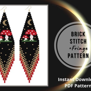 Celestial seed bead earrings pattern mushroom brick stitch moon phase fringe beaded earring PDF native pattern
