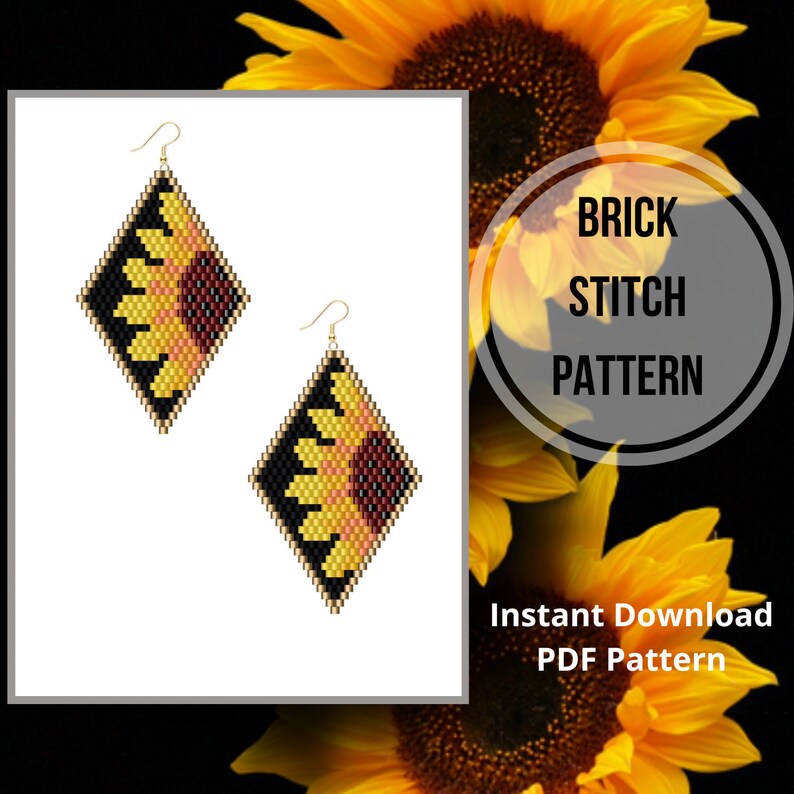 Mönster för örhängen med solrosmotiv, mönster för örhängen med blommiga seed beads, Miyuki delica PDF-mönster för pärlmönster bild 10