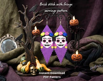 Catrina brick stitch earrings pattern Frida beaded earrings pattern Halloween seed bead jewelry