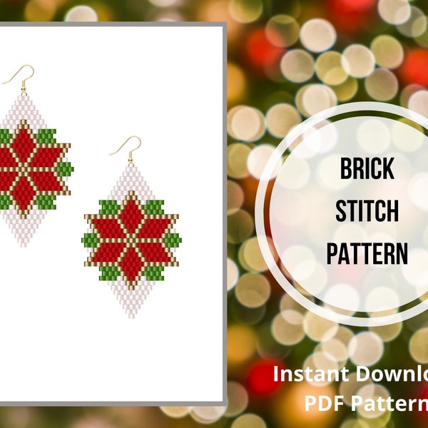 Christmas bead earring patterns Brick stitch poinsettia earrings seed bead earrings pattern Miyuki delica PDF