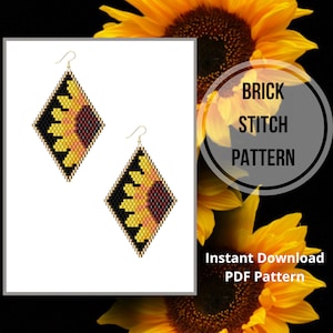 Mönster för örhängen med solrosmotiv, mönster för örhängen med blommiga seed beads, Miyuki delica PDF-mönster för pärlmönster bild 1