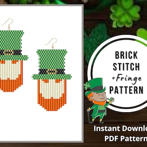 Seed bead St. Patrick&#39;s Day earrings pattern Brick stitch Leprechaun earrings pattern beaded fringe earrings pattern Miyuki delica PDF
