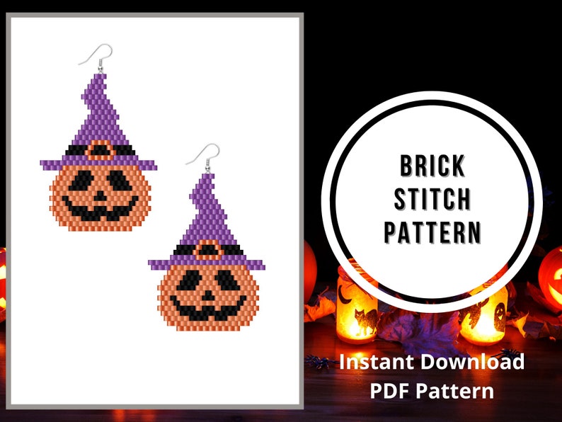 Jack O Lantern Brick Stitch Pattern Halloween Pumpkin Beaded Earrings