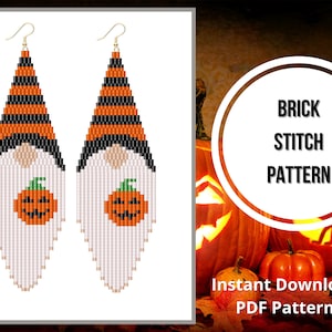 May include: A digital pattern for beaded earrings featuring a gnome with a pumpkin. The pattern is for brick stitch and includes the text "BRICK STITCH PATTERN".