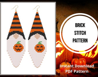 Seed bead Halloween gnome earrings pattern Jack o&#39;lantern brick stitch earrings pattern beaded fringe earrings pattern Miyuki delica