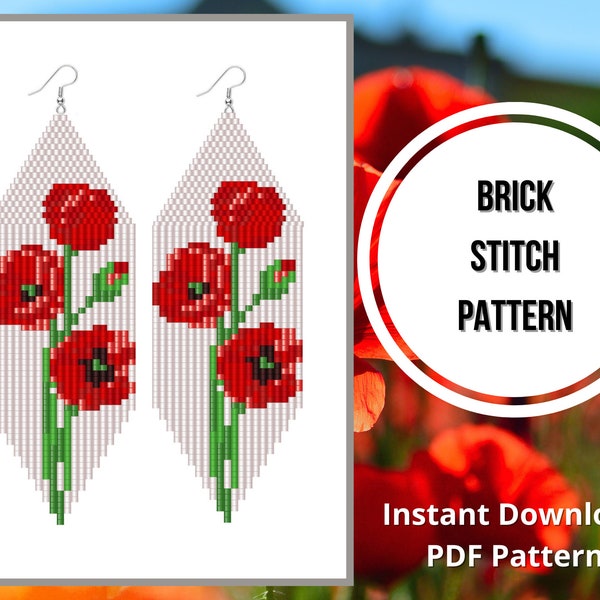 Ukraine digital pdf Red flower earring pattern brick stitch fringe earring pattern Beaded Red flower blossom wildflowers brick stitch