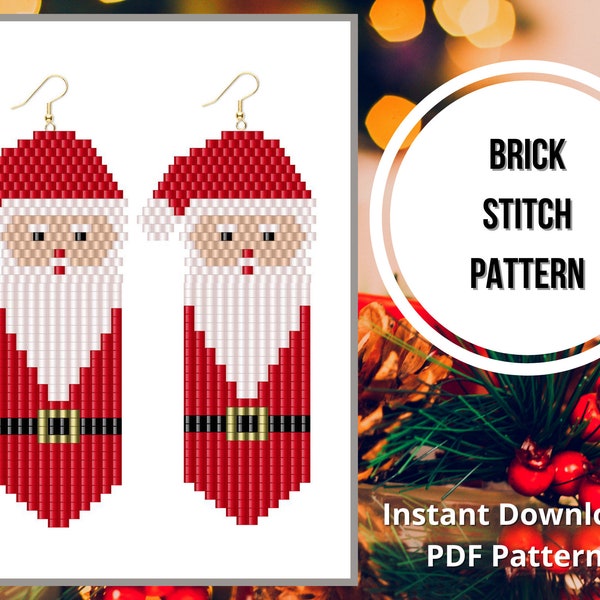 Seed bead Santa earrings pattern Christmas Brick stitch fringe earrings pattern beaded earrings pattern Miyuki delica PDF Digital download