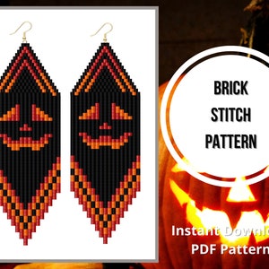 May include: A pair of black and orange beaded earrings with a pumpkin face design. The earrings are made using a brick stitch pattern. The image includes the text "Brick Stitch Pattern" and "Instant Download PDF Pattern".
