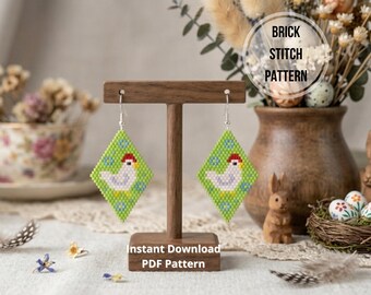 Chicken brick stitch earring pattern Easter beaded earrings pattern Miyuki delica beadweaving PDF
