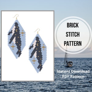 May include: A pair of blue and black beaded earrings with a whale design and gold accents. The earrings are in a brick stitch pattern. The text "BRICK STITCH PATTERN" is in a white circle on a light blue background. The text "Instant Download PDF Pattern" is below the circle.