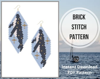 Sea whale beading earrings pattern Celestial brick stitch earring pattern Moon star Miyuki delica bead weaving pattern do it yourself