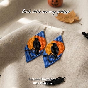 Beaded Halloween earrings pattern goth brick stitch crow earring Miyuki delica pattern full moon bead jewelry