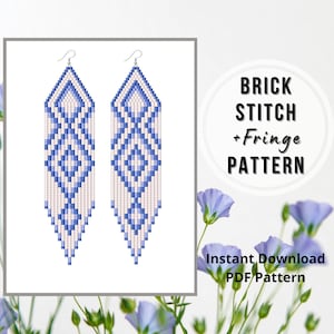 Seed bead fringe earrings pattern, brick stitch native ethnic earrings DIY pattern for beading,  Miyuki delica bead weaving