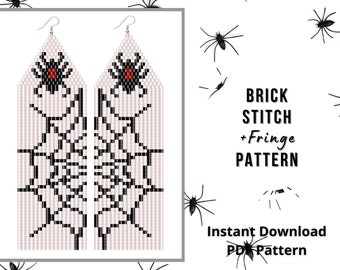 Halloween black spider beaded earrings pattern brick stitch earrings pattern seed bead fringe earrings pattern Miyuki delica