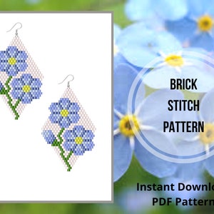 May include: A pair of beaded earrings featuring a forget-me-not flower design. The earrings are made with white and blue beads and are shaped like a diamond. The image includes the text "BRICK STITCH PATTERN" and "Instant Download PDF Pattern".