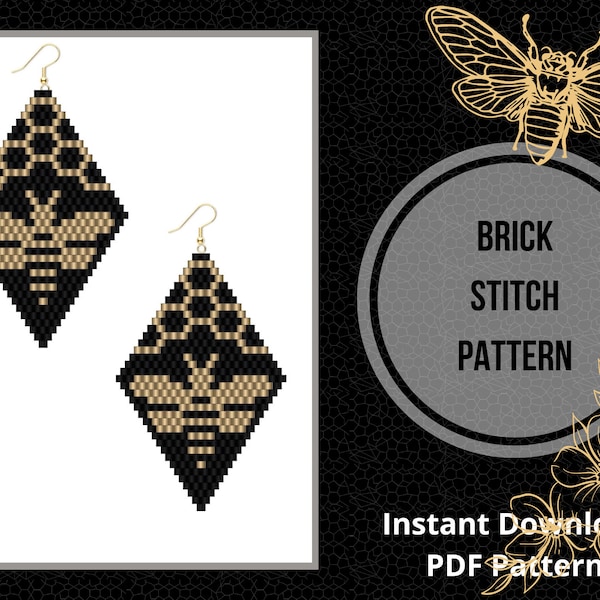 Bee brick stitch earring pattern honey seed bead earring  honeycomb insect beaded pattern miyuki delica