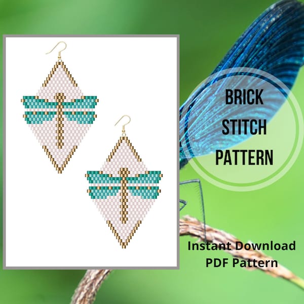 Dragonfly brick stitch earrings pattern bead weaving insect earrings pattern seed bead earring Miyuki delica PDF