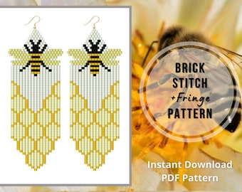 Bee brick stitch earrings pattern seed bead honeycomb fringe earring Beaded pattern PDF miyuki delica
